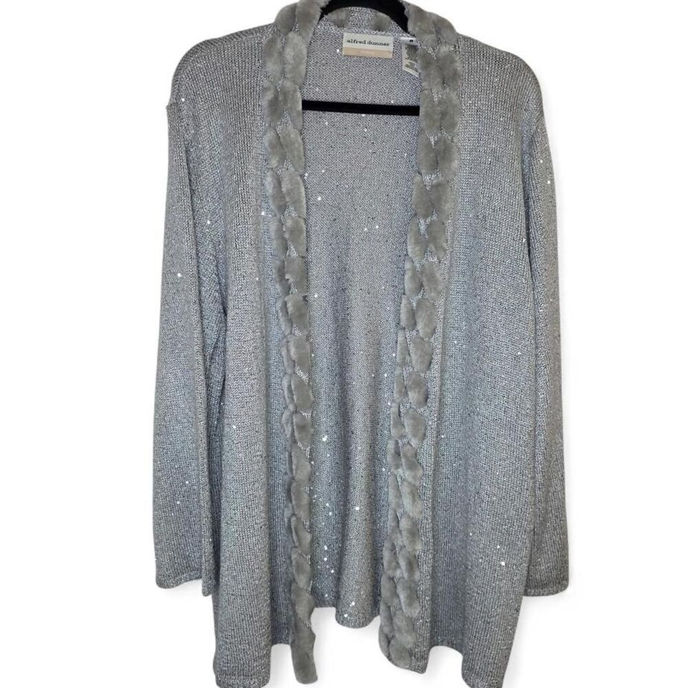 Alfred Dunner 2X Silver Gray Sequin Faux Fur Trim Cardigan Sweater